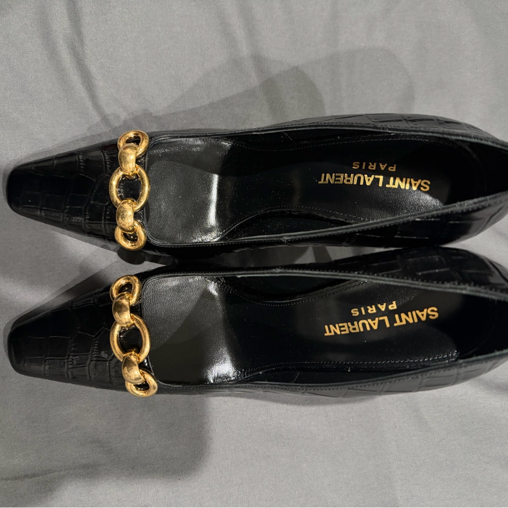 Saint Laurent Black Croc-Embossed Heels with Gold Accent - Picture 3 of 5
